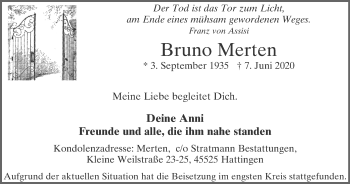 Traueranzeige von Bruno Merten von WVW Anzeigenblätter