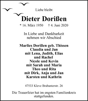 Traueranzeige von Dieter Dorißen von WVW Anzeigenblätter