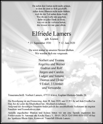 Traueranzeige von Elfriede Lamers von WVW Anzeigenblätter