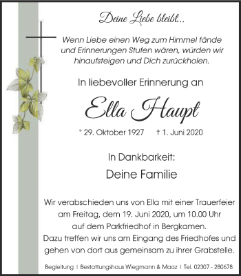 Traueranzeige von Ella Haupt von WVW Anzeigenblätter