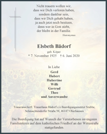 Traueranzeige von Elsbeth Bädorf von WVW Anzeigenblätter