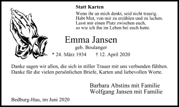 Traueranzeige von Emma Jansen von WVW Anzeigenblätter