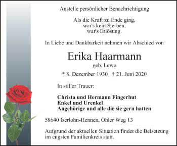 Traueranzeige von Erika Haarmann von WVW Anzeigenblätter