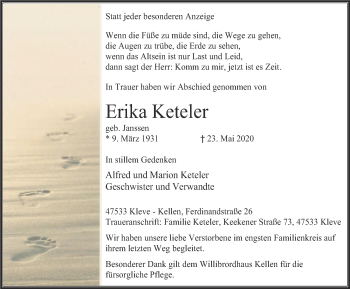 Traueranzeige von Erika Keteler von WVW Anzeigenblätter
