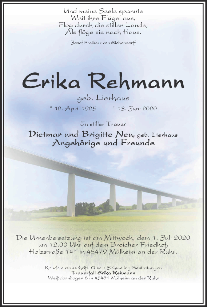  Traueranzeige für Erika Rehmann vom 20.06.2020 aus WVW Anzeigenblätter