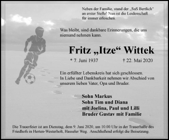 Traueranzeige von Fritz Wittek von WVW Anzeigenblätter