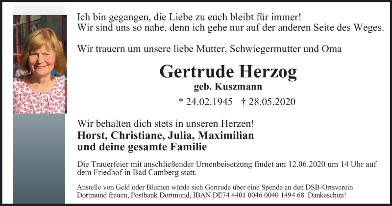  Traueranzeige für Gertrude Herzog vom 06.06.2020 aus WVW Anzeigenblätter