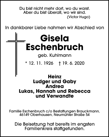 Traueranzeige von Gisela Eschenbruch von WVW Anzeigenblätter