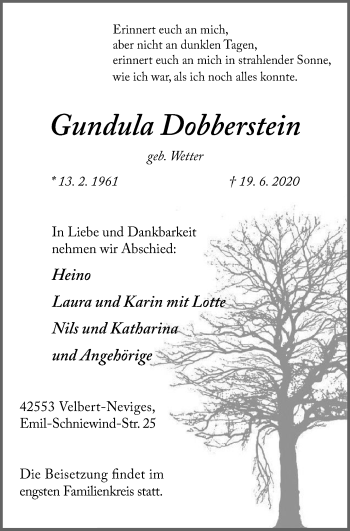 Traueranzeige von Gundula Dobberstein von WVW Anzeigenblätter