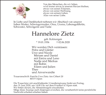 Traueranzeige von Hannelore Zietz von WVW Anzeigenblätter