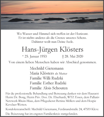 Traueranzeige von Hans Jürgen Klösters von WVW Anzeigenblätter