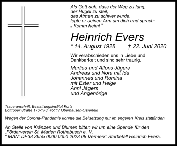 Traueranzeige von Heinrich Evers von WVW Anzeigenblätter