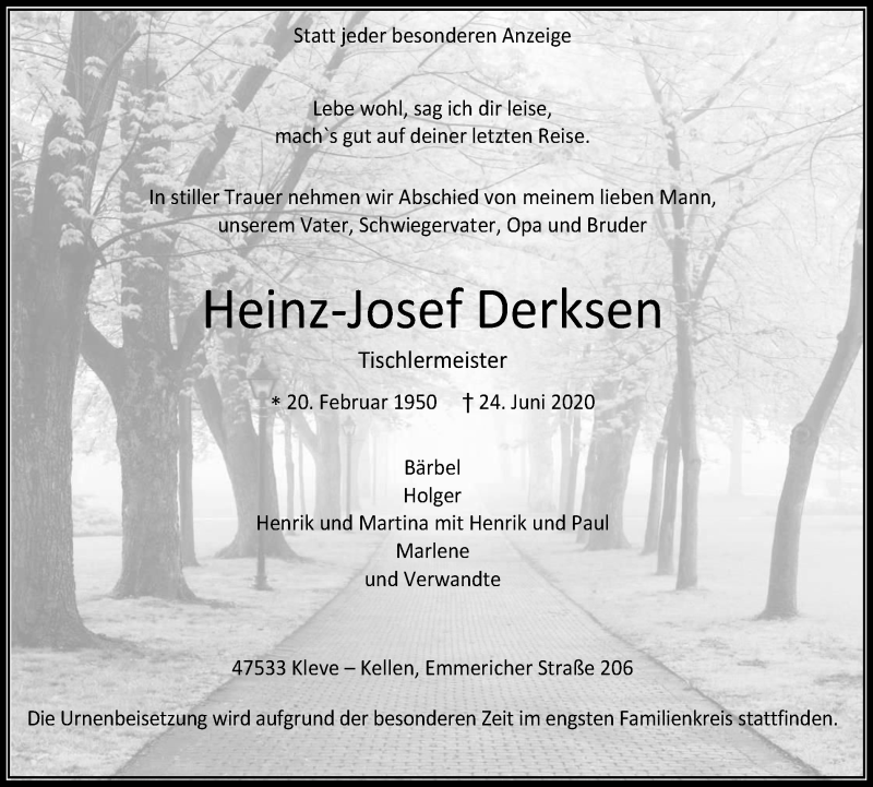  Traueranzeige für Heinz-Josef Derksen vom 27.06.2020 aus WVW Anzeigenblätter