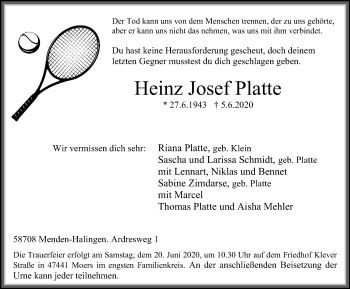 Traueranzeige von Heinz Josef Platte von WVW Anzeigenblätter
