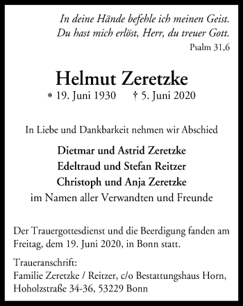 Traueranzeige von Helmut Zeretzke von WVW Anzeigenblätter