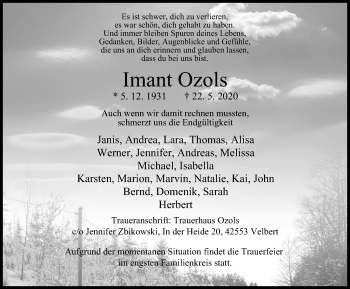 Traueranzeige von Imant Ozols von WVW Anzeigenblätter