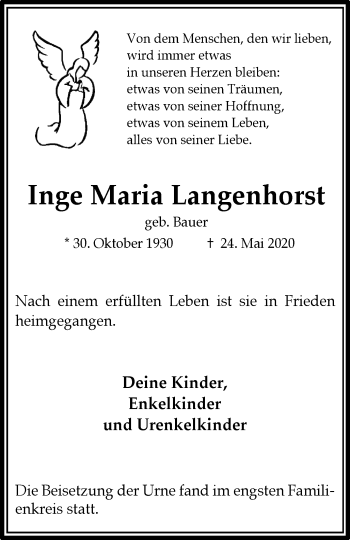 Traueranzeige von Inge Maria Langenhorst von WVW Anzeigenblätter