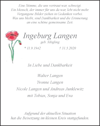Traueranzeige von Ingeburg Langen von WVW Anzeigenblätter