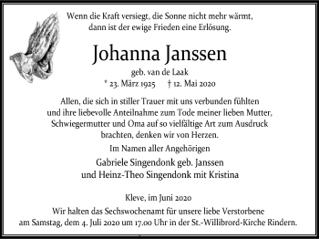 Traueranzeige von Johanna Janssen von WVW Anzeigenblätter