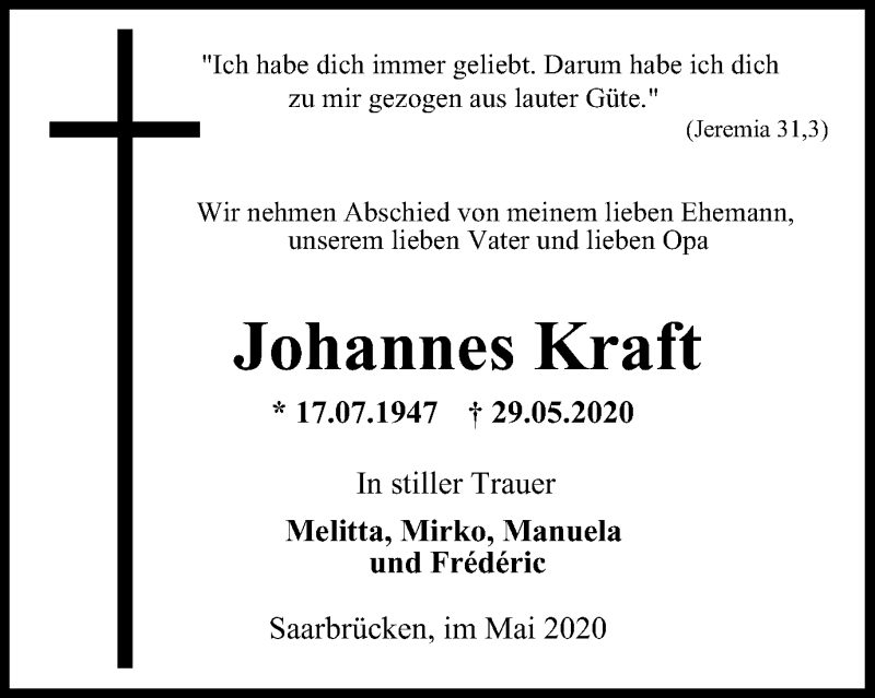  Traueranzeige für Johannes Kraft vom 04.06.2020 aus WVW Anzeigenblätter