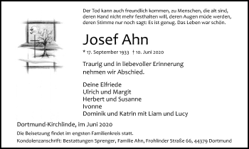 Traueranzeige von Josef Ahn von WVW Anzeigenblätter