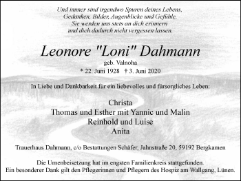 Traueranzeige von Leonore Dahmann von WVW Anzeigenblätter
