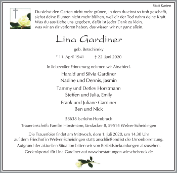 Traueranzeige von Lina Gardiner von WVW Anzeigenblätter