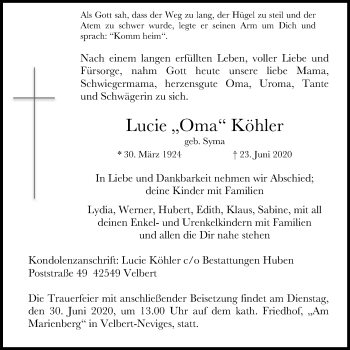 Traueranzeige von Lucie Köhler von WVW Anzeigenblätter