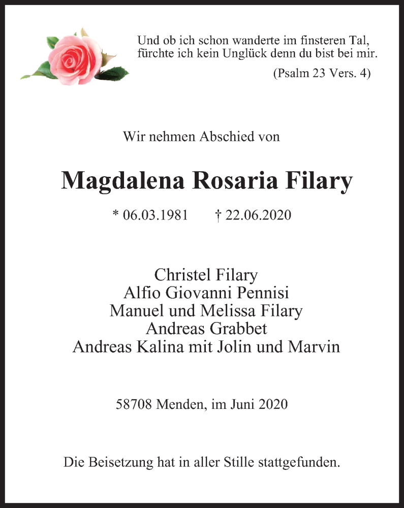  Traueranzeige für Magdalena Rosaria Filary vom 27.06.2020 aus WVW Anzeigenblätter