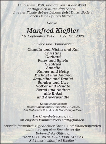 Traueranzeige von Manfred Kießler von WVW Anzeigenblätter