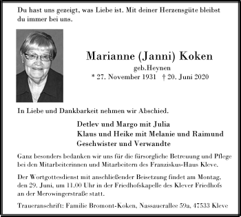 Traueranzeige von Marianne Koken von WVW Anzeigenblätter