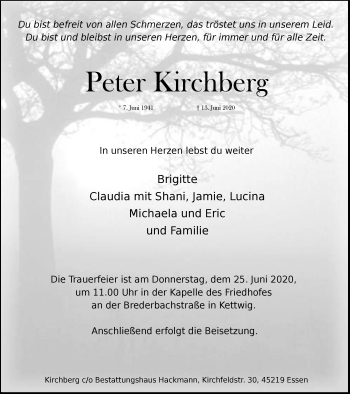 Traueranzeige von Peter Kirchberg von WVW Anzeigenblätter