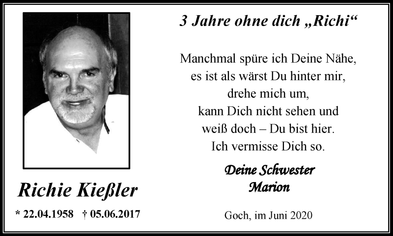  Traueranzeige für Richie Kießler vom 06.06.2020 aus WVW Anzeigenblätter