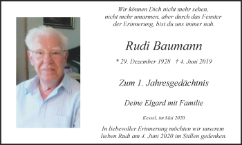 Traueranzeige von Rudi Baumann von WVW Anzeigenblätter