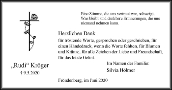 Traueranzeige von Rudi Kröger von WVW Anzeigenblätter