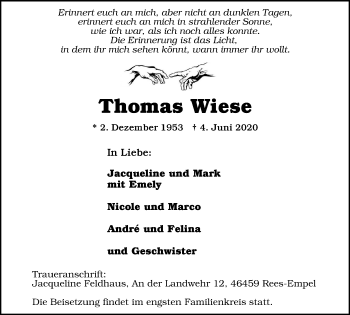 Traueranzeige von Thomas Wiese von WVW Anzeigenblätter