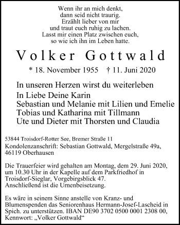 Traueranzeige von Volker Gottwald von WVW Anzeigenblätter