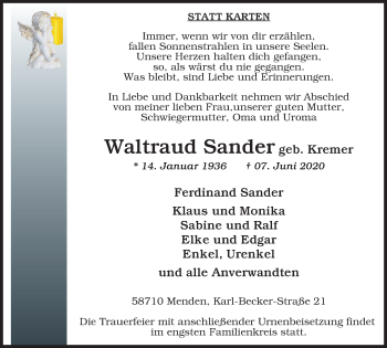 Traueranzeige von Waltraud Sander von WVW Anzeigenblätter