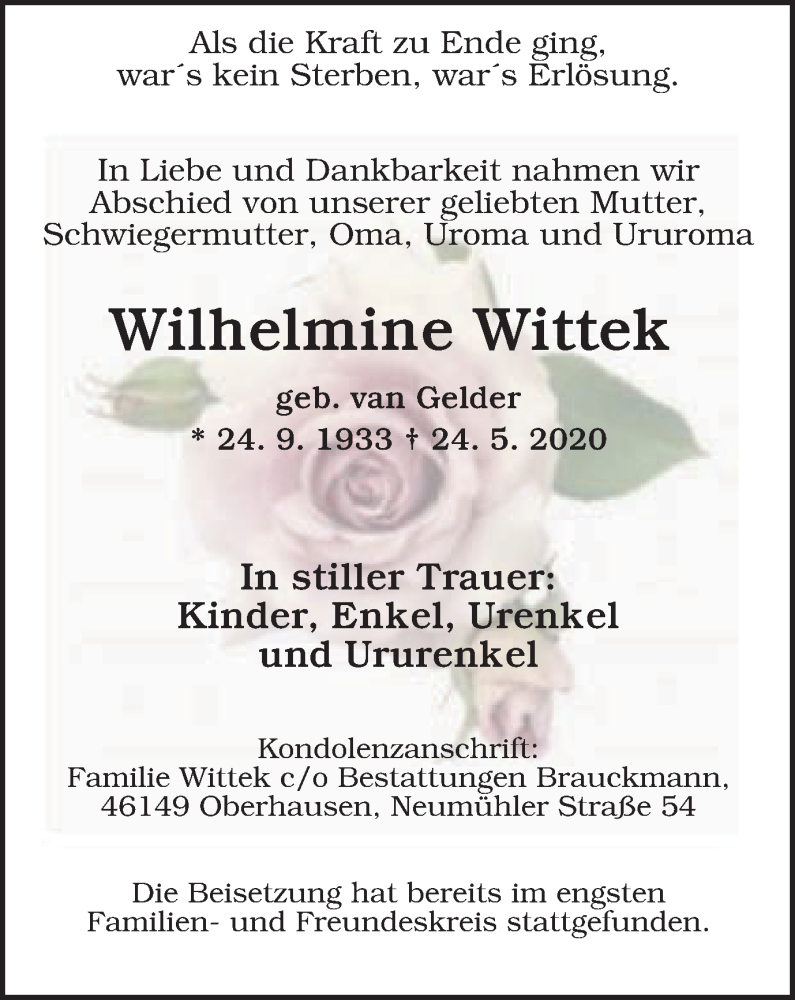  Traueranzeige für Wilhelmine Wittek vom 10.06.2020 aus WVW Anzeigenblätter