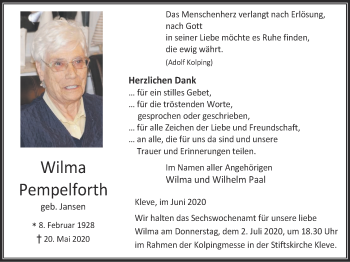 Traueranzeige von Wilma Pempelforth von WVW Anzeigenblätter