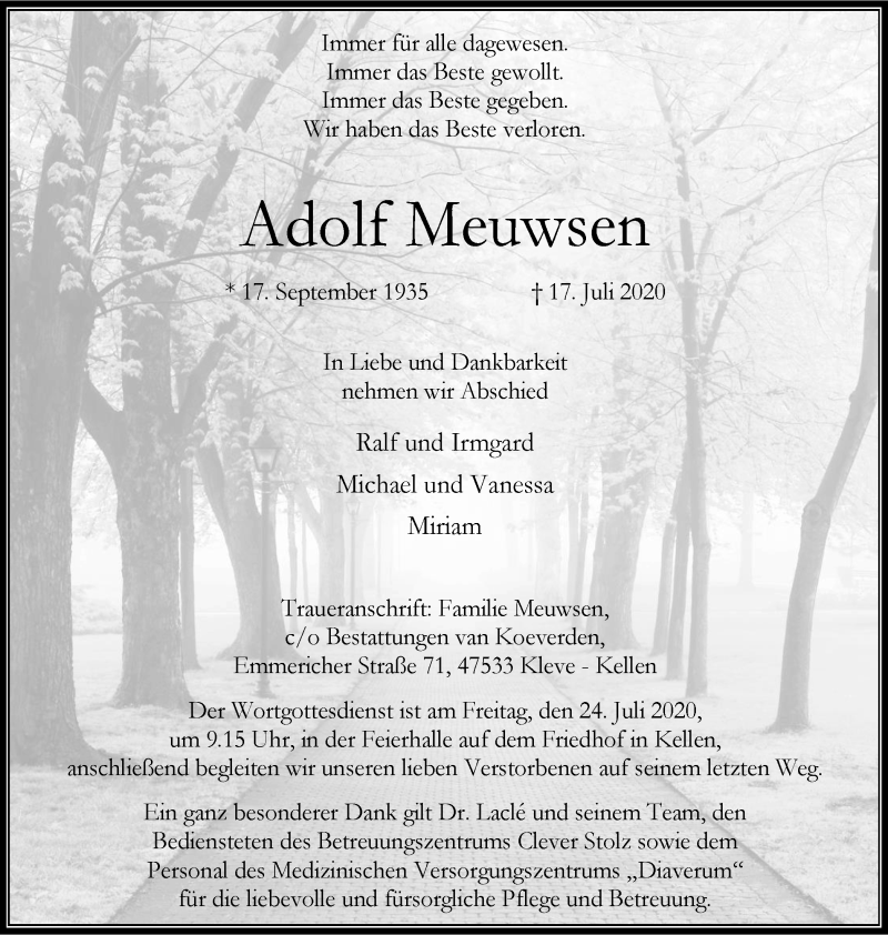  Traueranzeige für Adolf Meuwsen vom 22.07.2020 aus WVW Anzeigenblätter