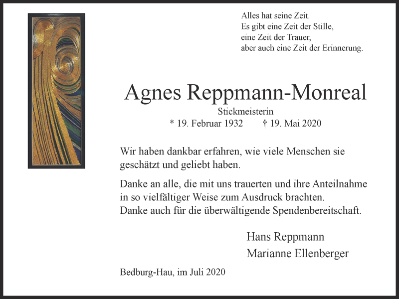  Traueranzeige für Agnes Reppmann-Monreal vom 04.07.2020 aus WVW Anzeigenblätter