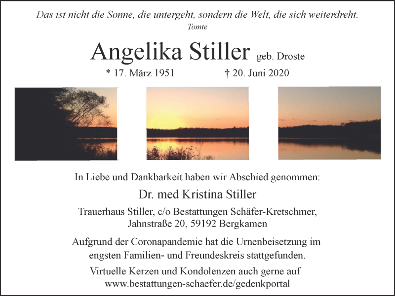  Traueranzeige für Angelika Stiller vom 08.07.2020 aus WVW Anzeigenblätter