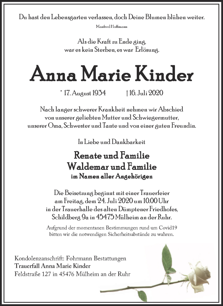  Traueranzeige für Anna Marie Kinder vom 22.07.2020 aus WVW Anzeigenblätter