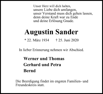 Traueranzeige von Augustin Sander von WVW Anzeigenblätter