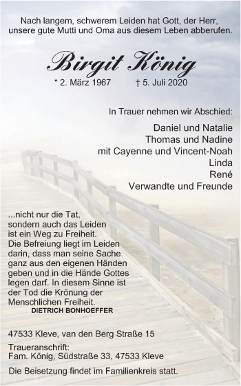 Traueranzeige von Birgit König von WVW Anzeigenblätter