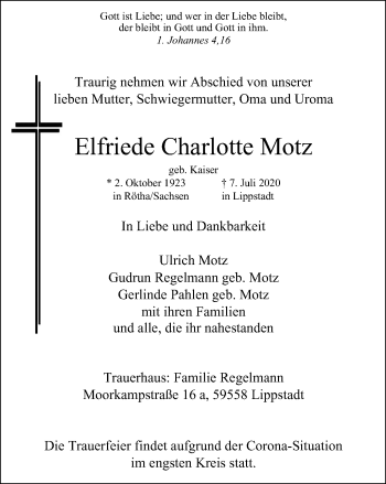 Traueranzeige von Elfriede Charlotte Motz von WVW Anzeigenblätter