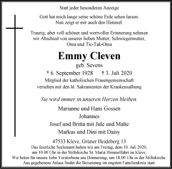 Traueranzeige von Emmy Cleven von WVW Anzeigenblätter