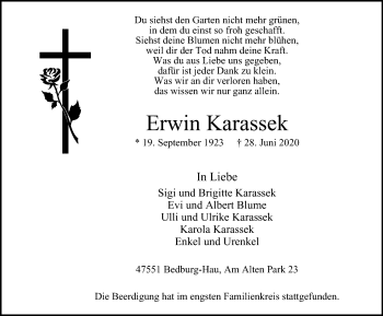 Traueranzeige von Erwin Karassek von WVW Anzeigenblätter