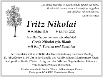 Traueranzeige von Fritz Nikolai von WVW Anzeigenblätter